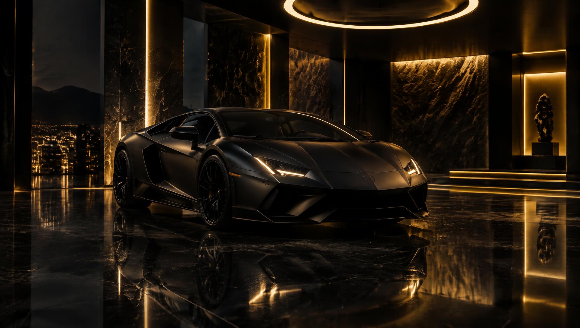 Black supercar in a gold-lit showroom